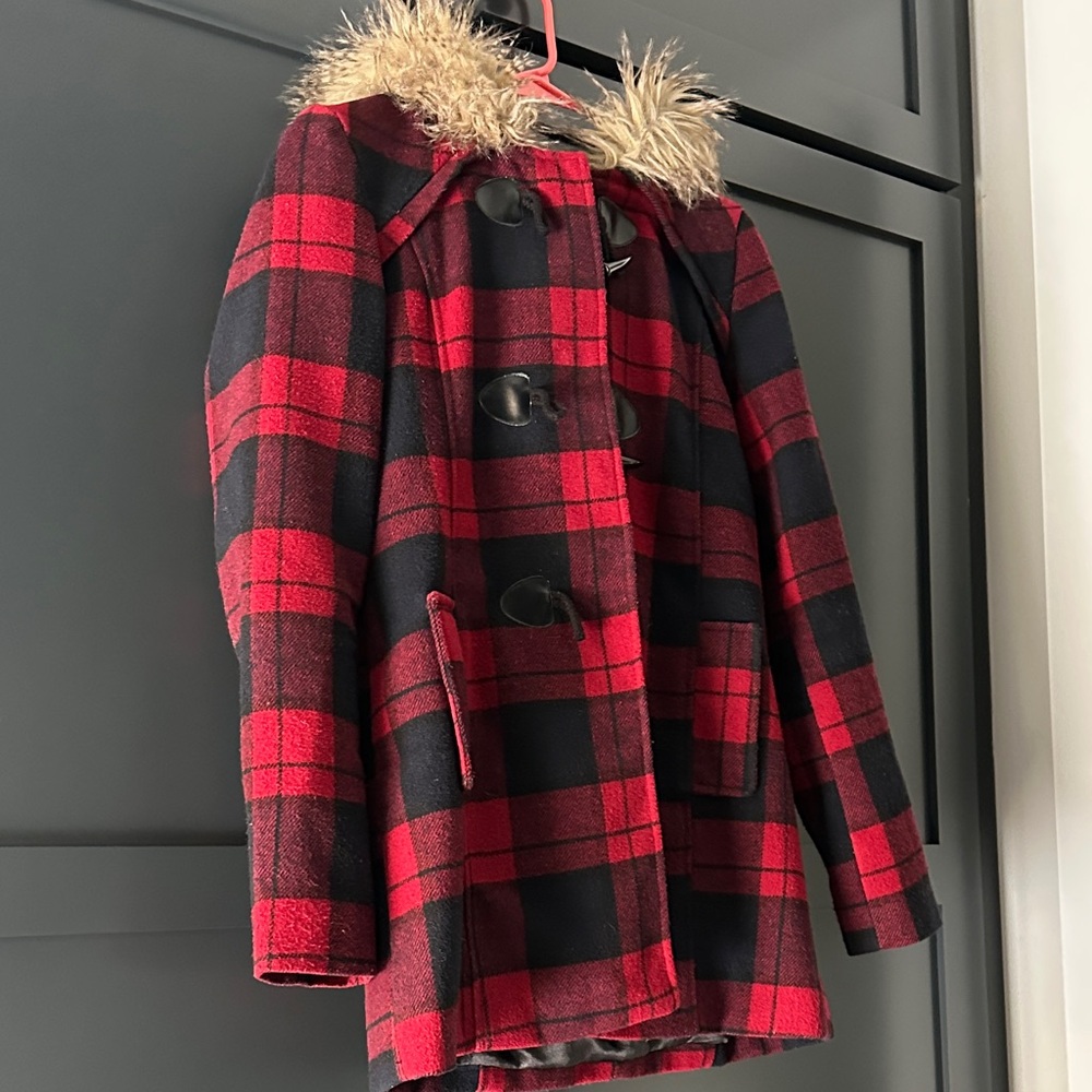 Buttons Red and Black Plaid Pea Coat with Faux Fur Trim